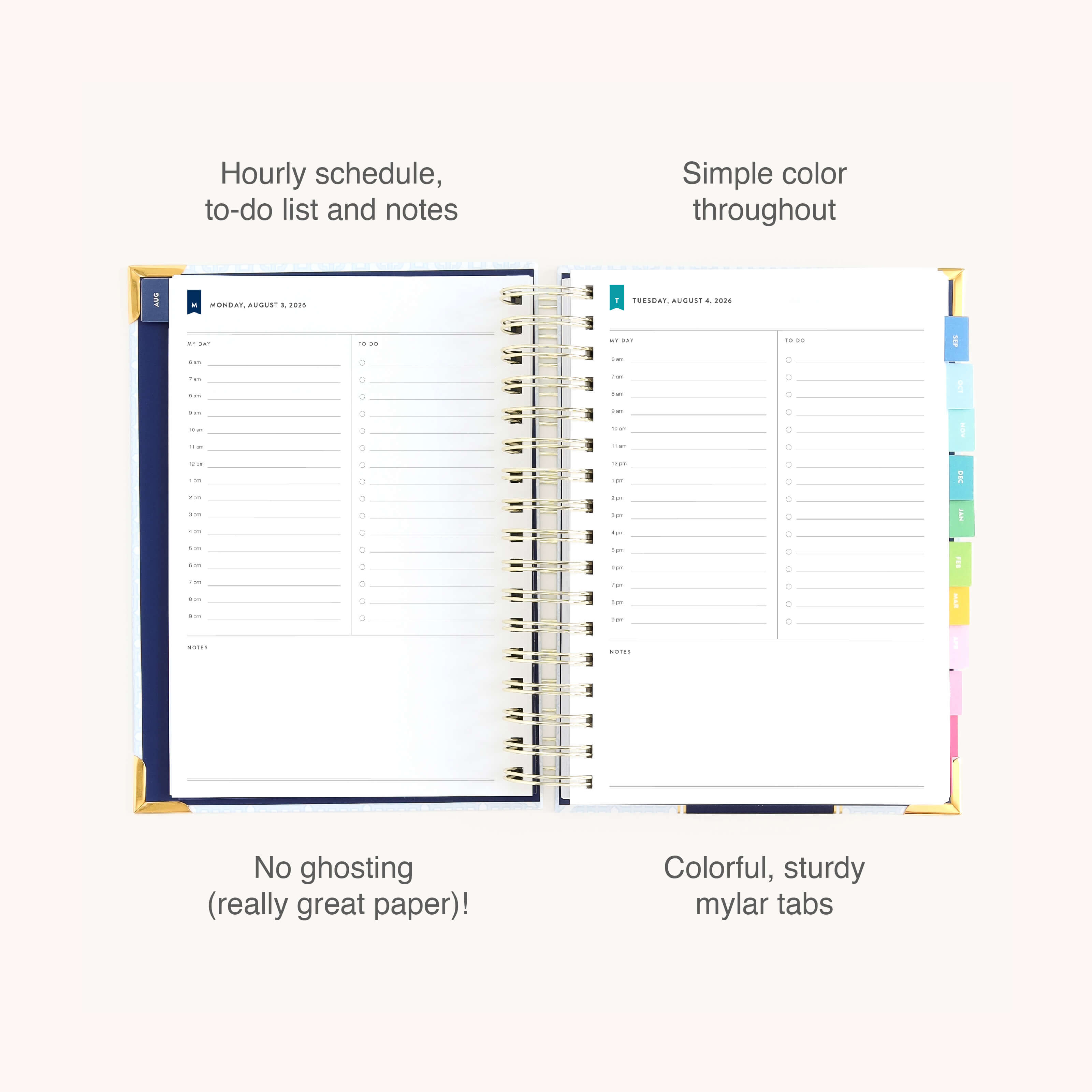 The 2026-2027 Spiral Daily Simplified Planner - Carolina Trellis by Simplified shows hourly schedules, to-do lists, and notes on sturdy paper with colorful mylar tabs—no ink ghosting, just simple style for all your planning needs.