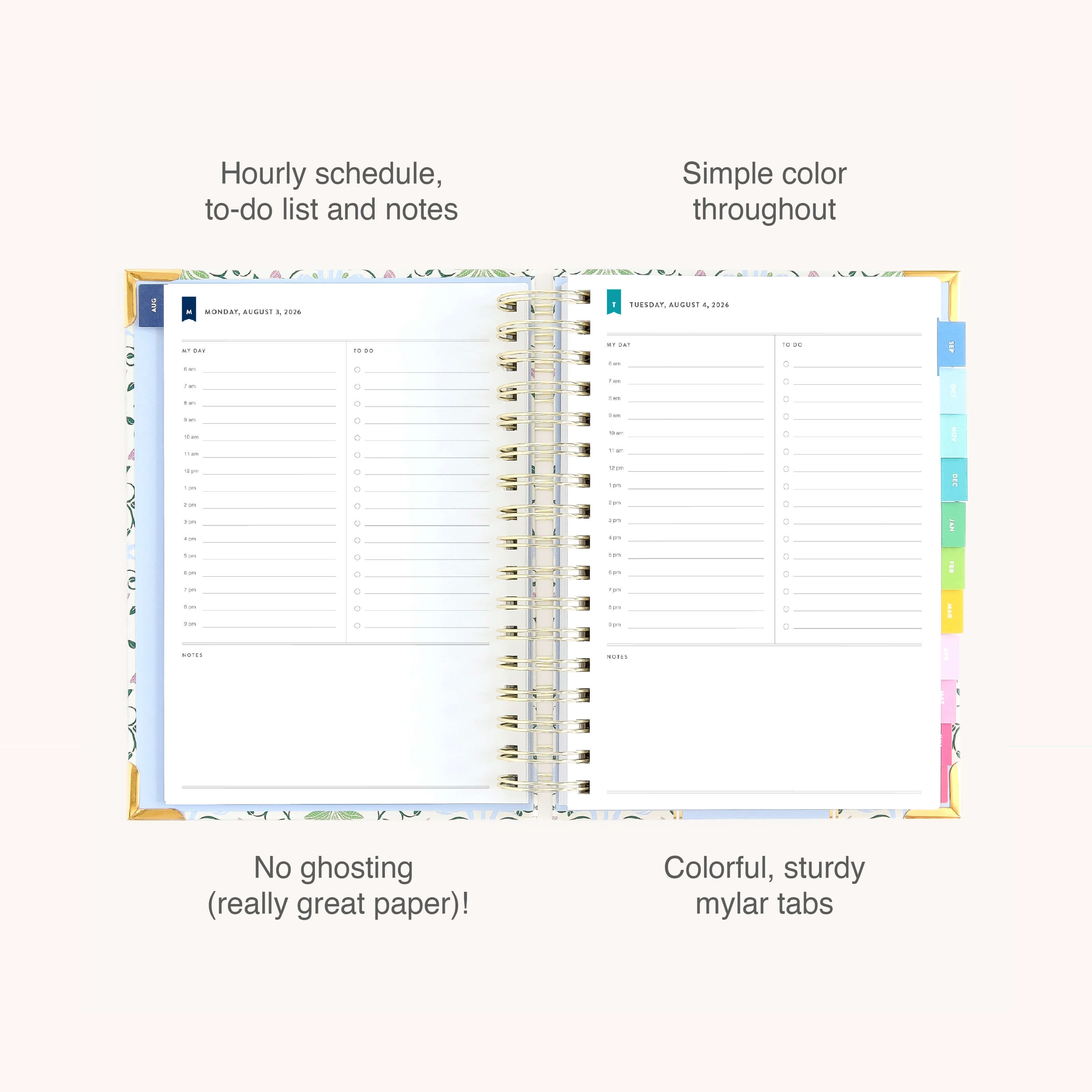 The 2026-2027 Spiral Daily Simplified Planner - Pineapple Charm by Simplified shows hourly schedules, to-do lists, and notes on sturdy paper with colorful mylar tabs—no ink ghosting, just simple style for all your planning needs.