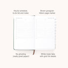 The Simplified 2026 Bookbound Daily Dapperdesk Planner in Evergreen features an hourly schedule, to-do list, notes, durable leatherette cover, brown grosgrain ribbon page marker, gold foil mylar tabs, and no-ghosting high-quality paper.