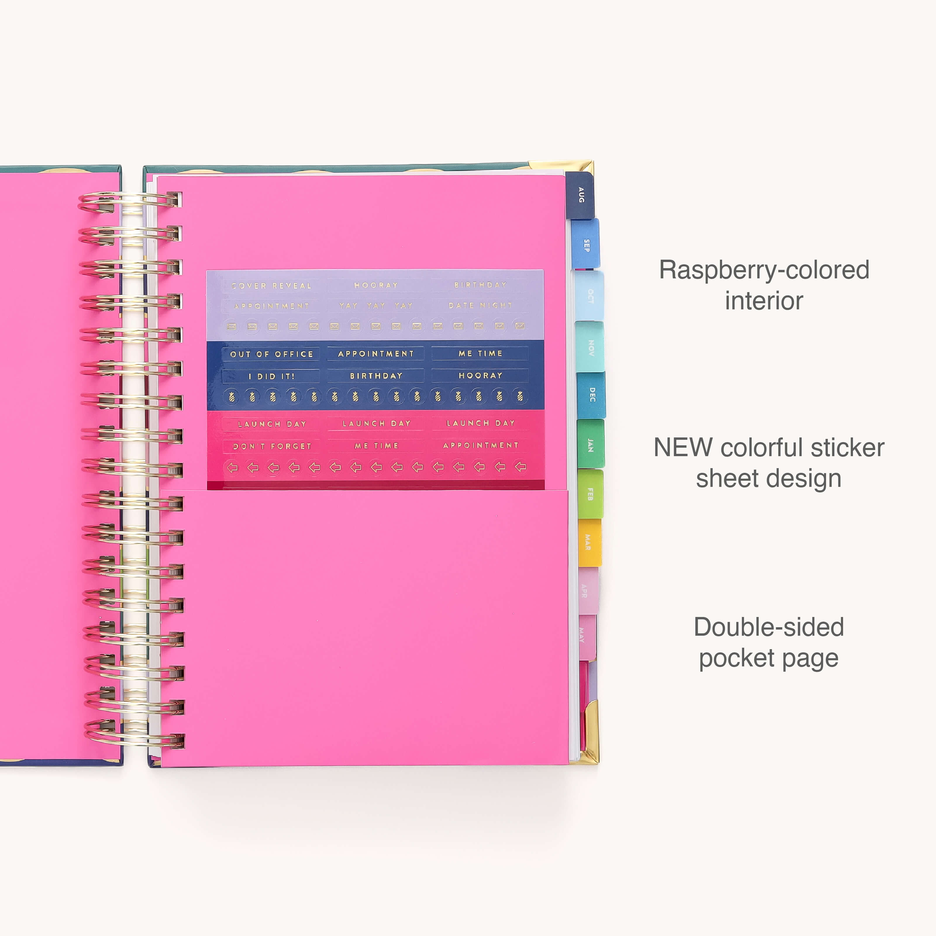 The 2025-2026 Spiral Daily Simplified Planner - Rainbow Row from Simplified features vibrant pink pages, gold foil details, colorful index tabs on the right edge, a sheet of stickers with headings like Out of Office and Important, and exquisite gold accents on the corners.