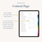 An iPad shows the 2026 Digital Simplified Planner by Simplified, featuring section lists, six note page styles, and colored tab buttons for fast navigation. Informative labels and arrows point out key features of this PDF planner for Goodnotes.