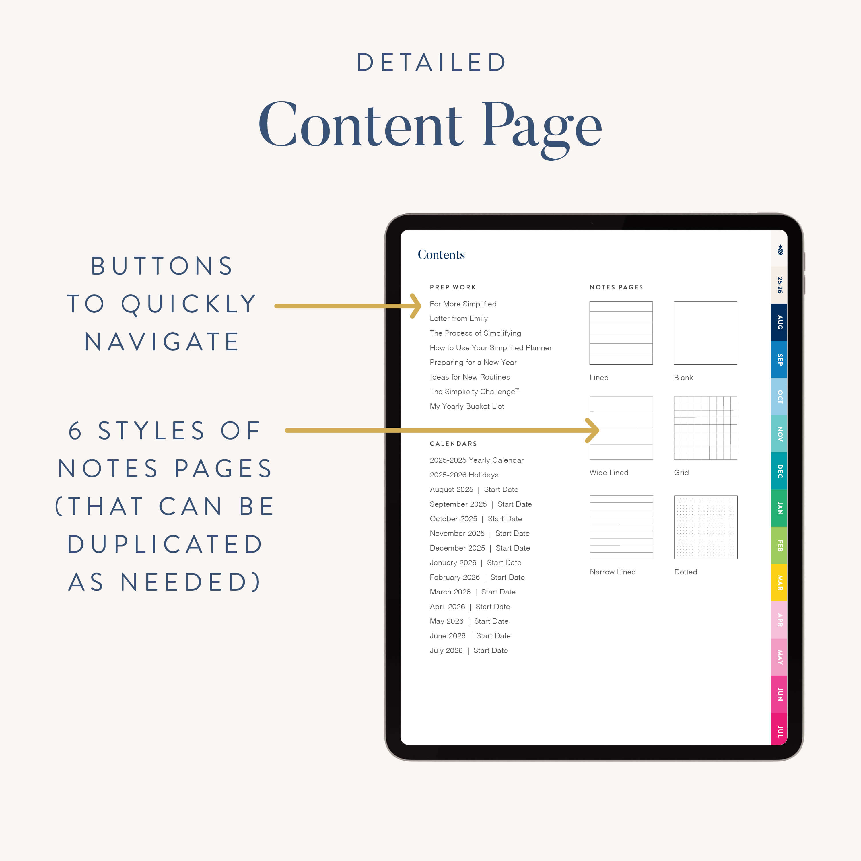 An iPad shows the 2025-2026 Digital Simplified Planner by Simplified, featuring a PDF planner page with side navigation buttons and six sample note page styles. Text highlights easy navigation and duplication for your digital planning needs.