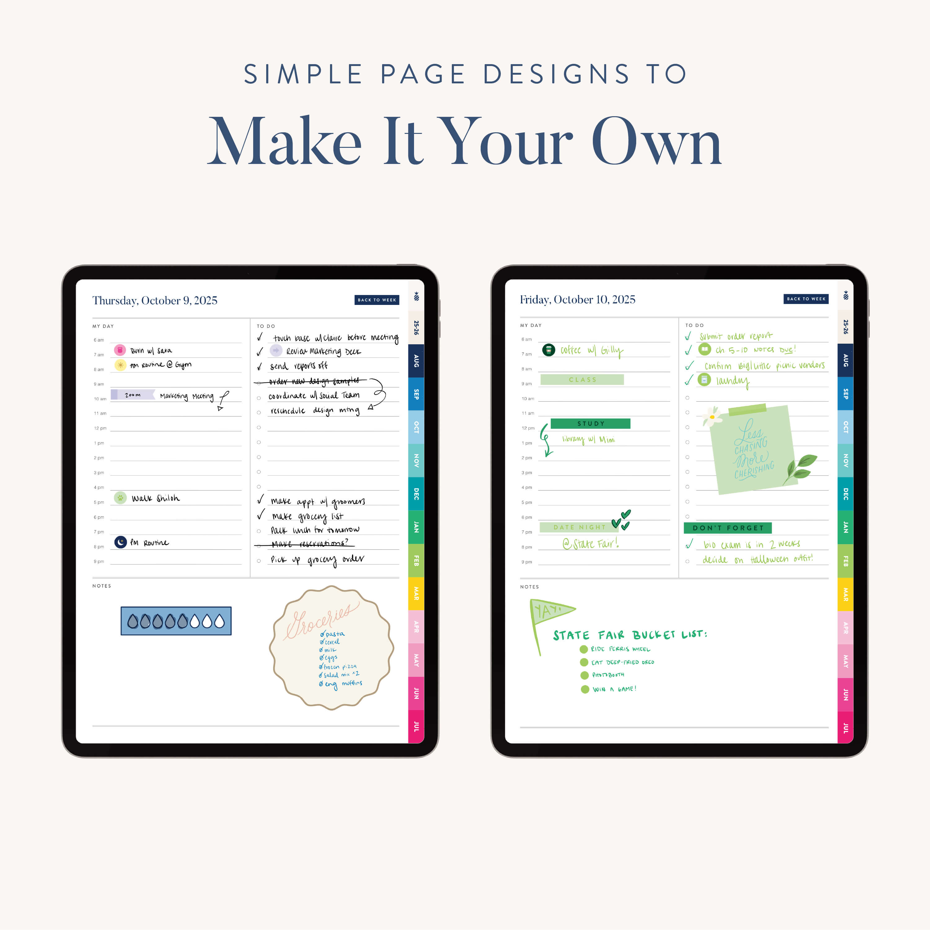 Two iPads display the 2025-2026 Digital Simplified Planner by Simplified, featuring customizable PDF planner pages with notes, doodles, checklists, colorful tabs, and assorted handwriting styles. Text reads: Simple page designs to make it your own.