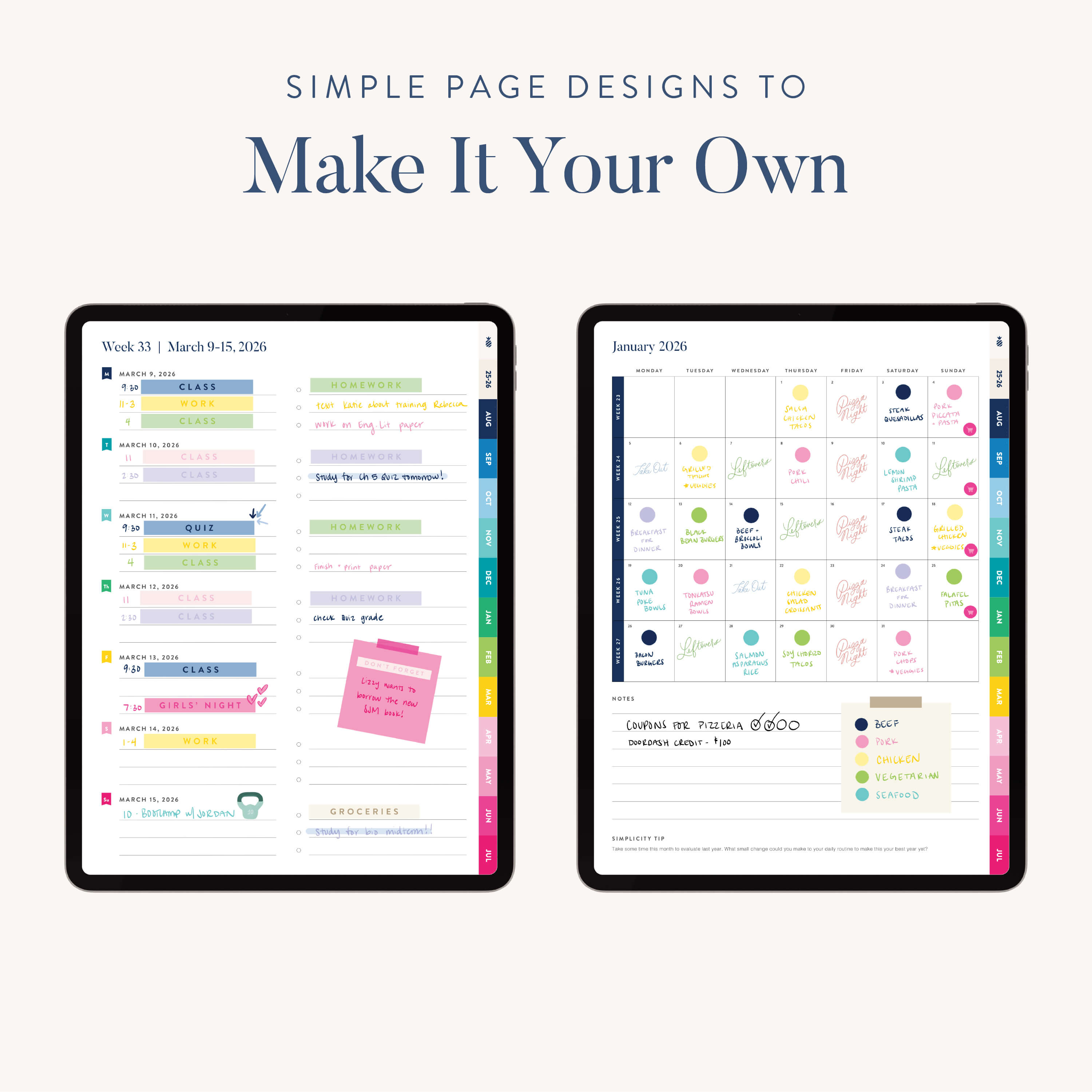 Header: Simple Page Designs to Make Your PDF Planner Your Own. Image shows the Simplified 2025-2026 Digital Simplified Planner for iPads—one tablet displays a colorful weekly schedule with notes and stickers; the other features a color-coded monthly view with events, checklists, and tabs.