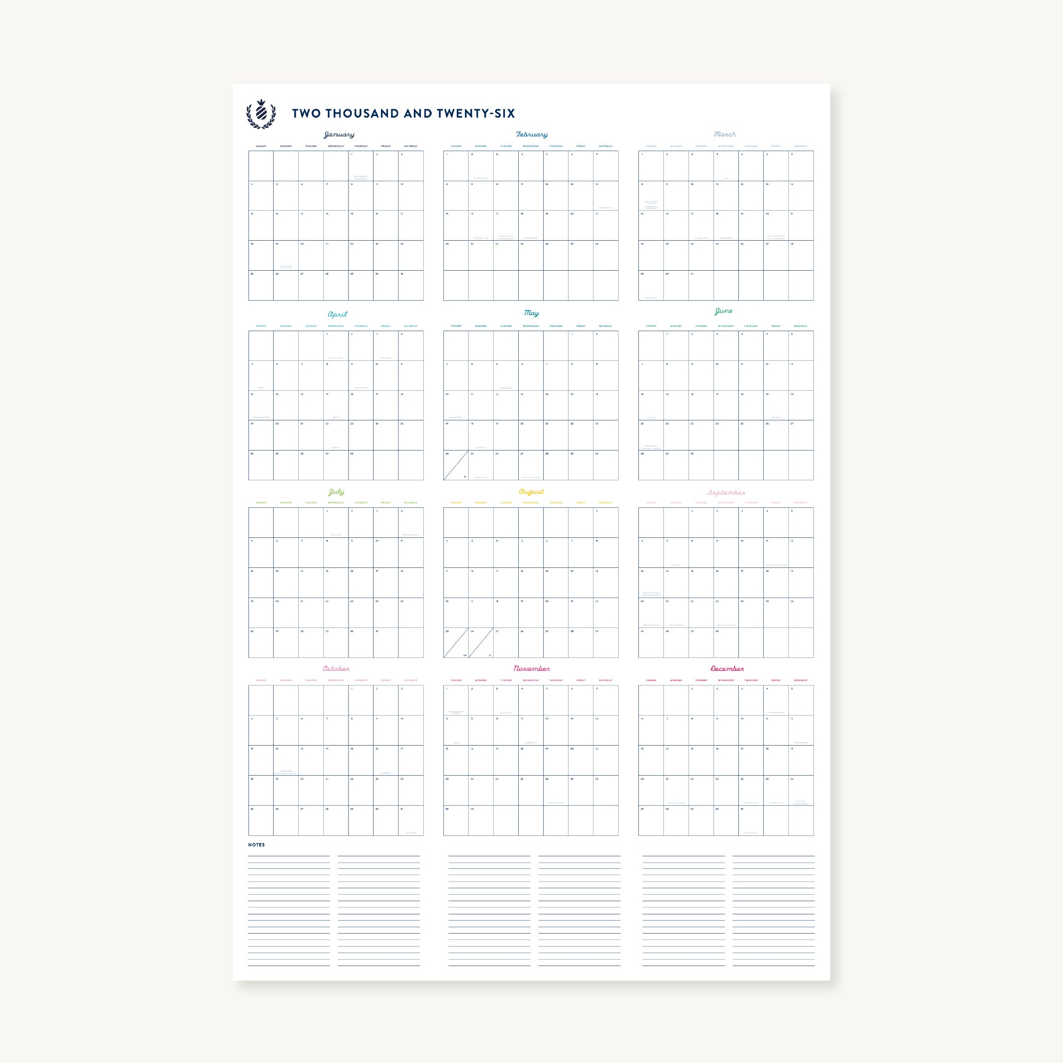 The Simplified 2026 Wall Calendar - Printable features all 12 months in a minimalist grid with colored month titles, daily boxes, and note sections—ideal as a digital download for home or office use.