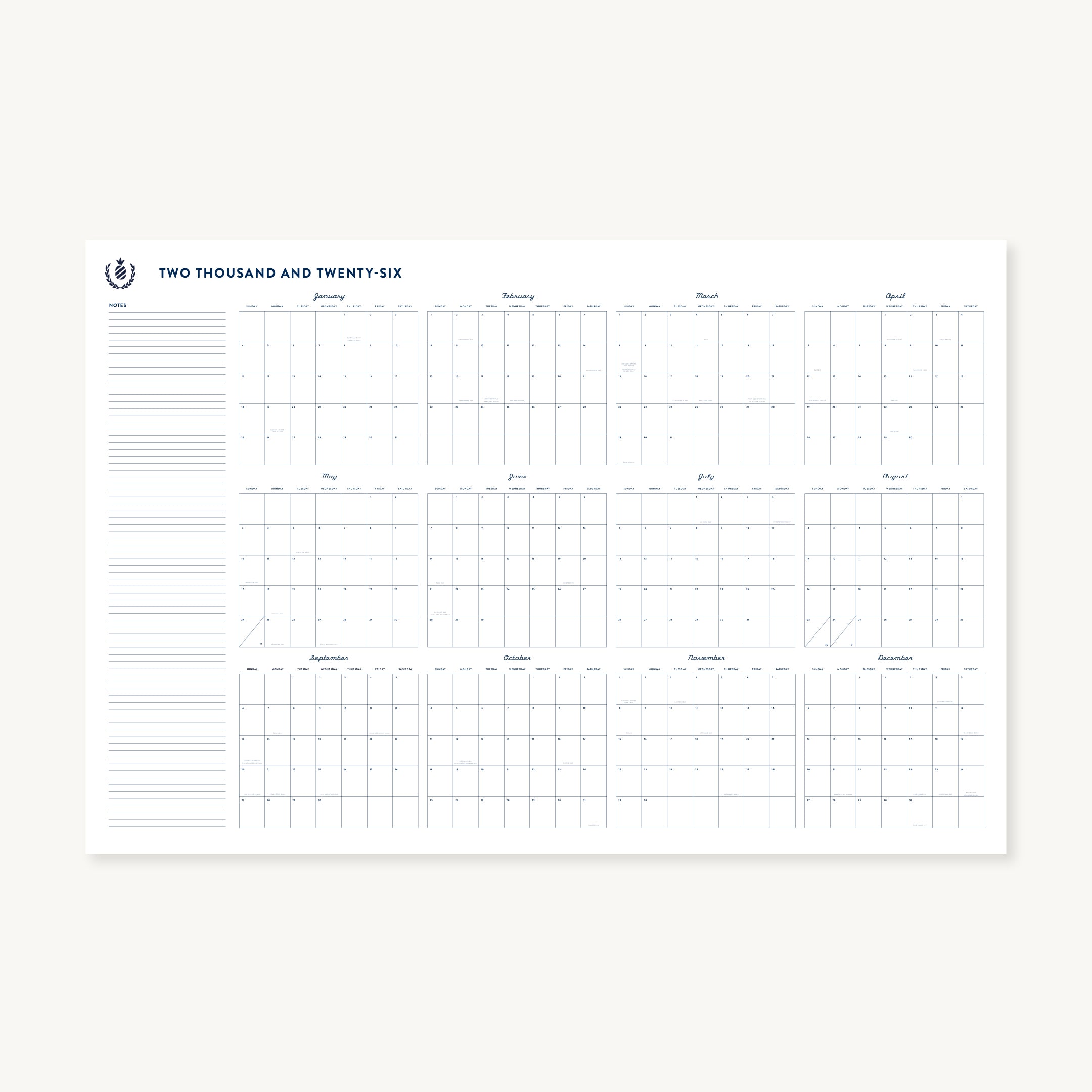 The Simplified 2026 Wall Calendar - Printable features a minimalist design with monthly grids in rows on a white background, a notes section on the left, and is ideal as a printable or digital download for your home or office.