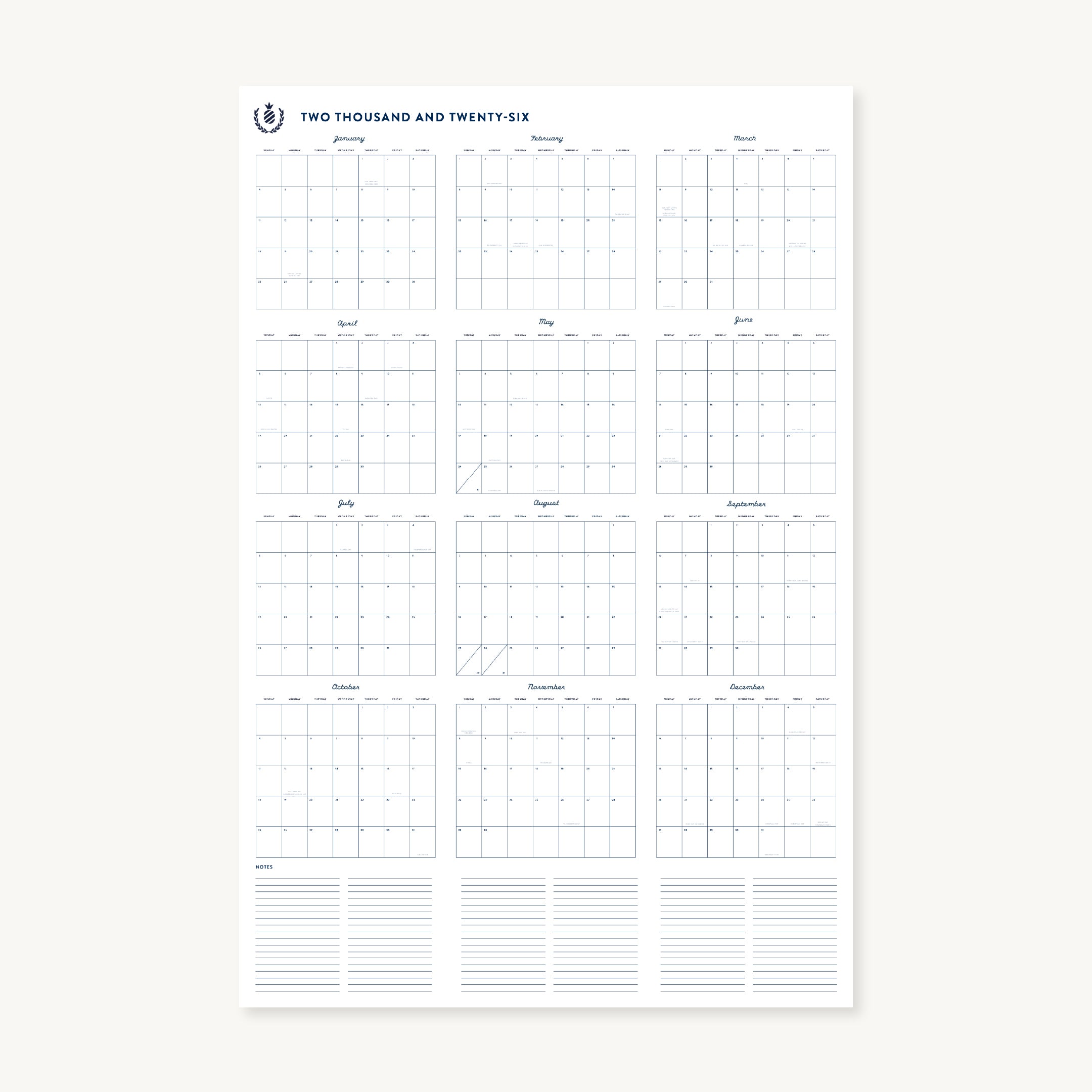 The Simplified 2026 Wall Calendar - Printable displays all twelve months in a minimalist grid, each day as blank squares, plus extra space for notes. "Two Thousand and Twenty-Six" is featured at the top of this poster calendar.