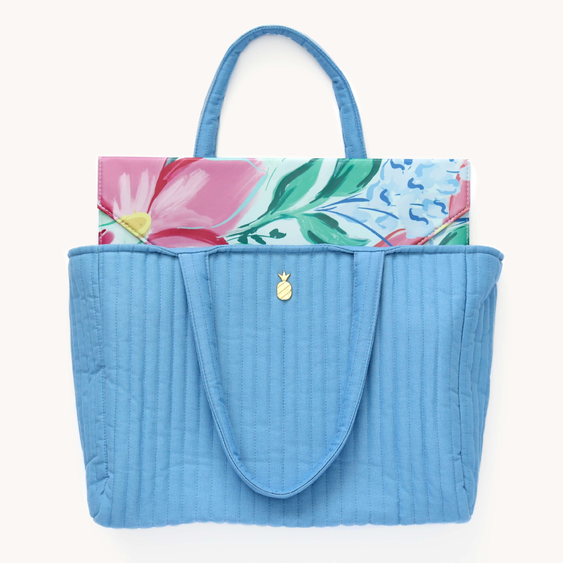French Blue Quilted Tote Bag with Tech Case