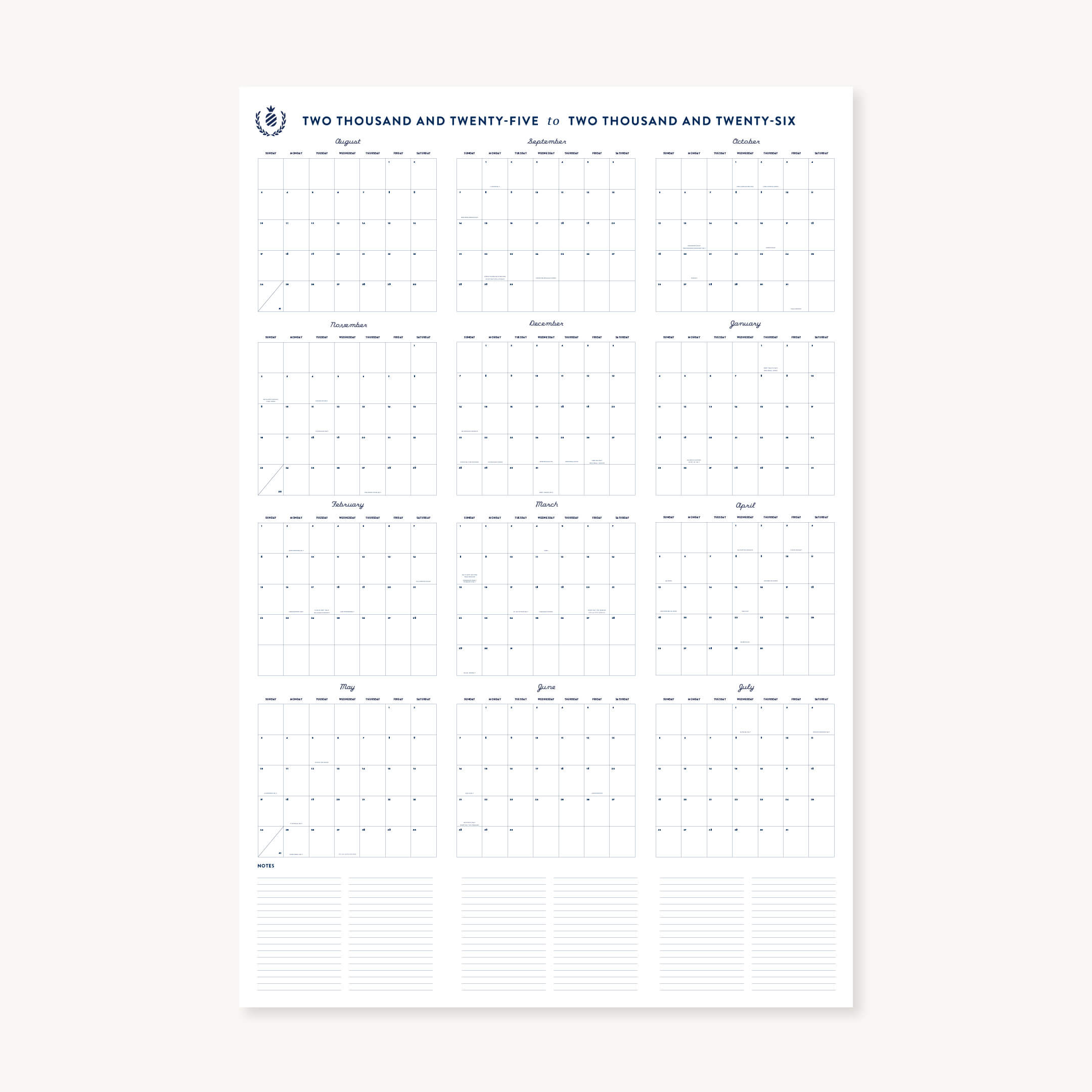 The Simplified 2025-2026 Wall Calendar - Printable features monthly grids with note space in a clean, organized layout. This digital download’s minimalist design is perfect for any space.