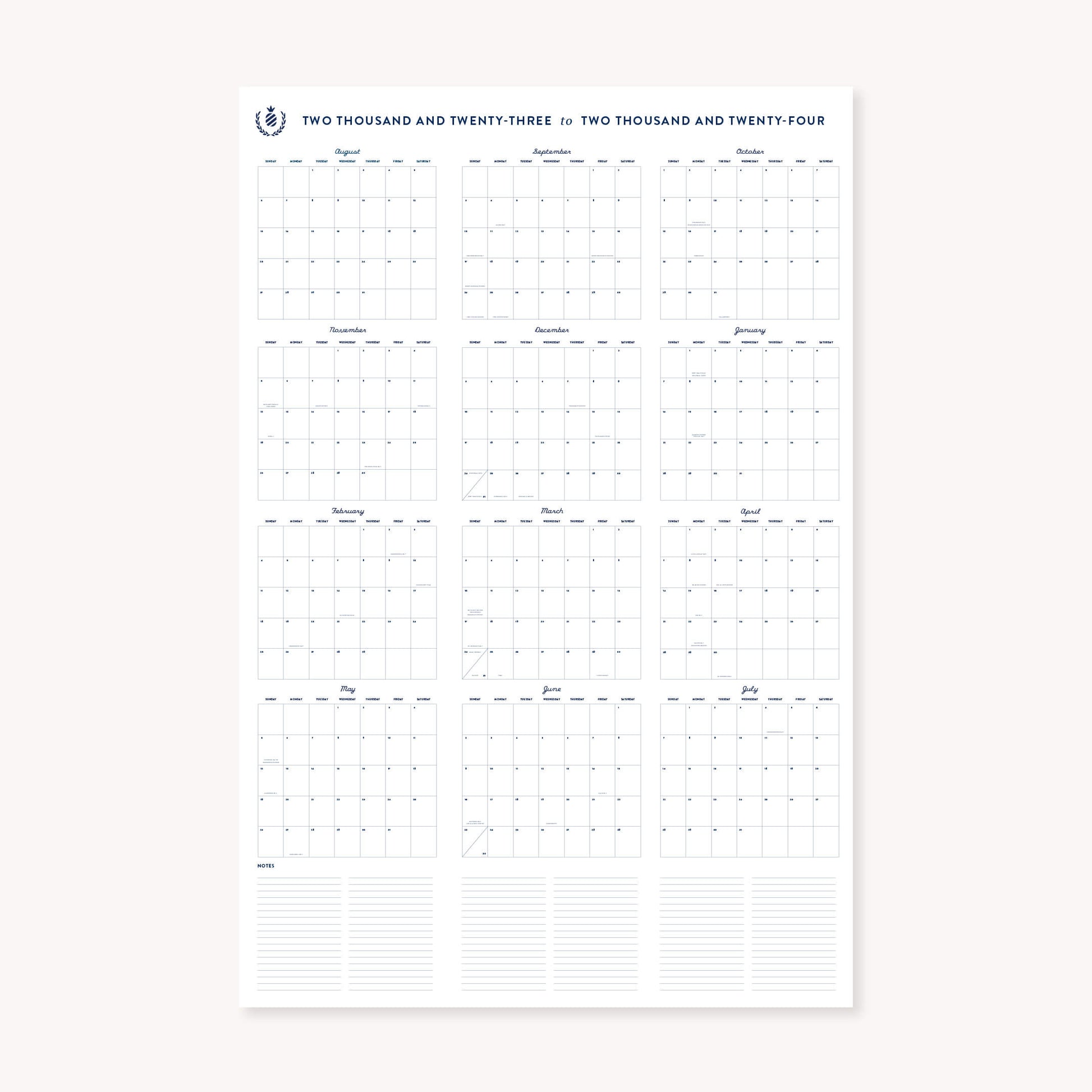 Navy Printable Vertical Wall Calendar