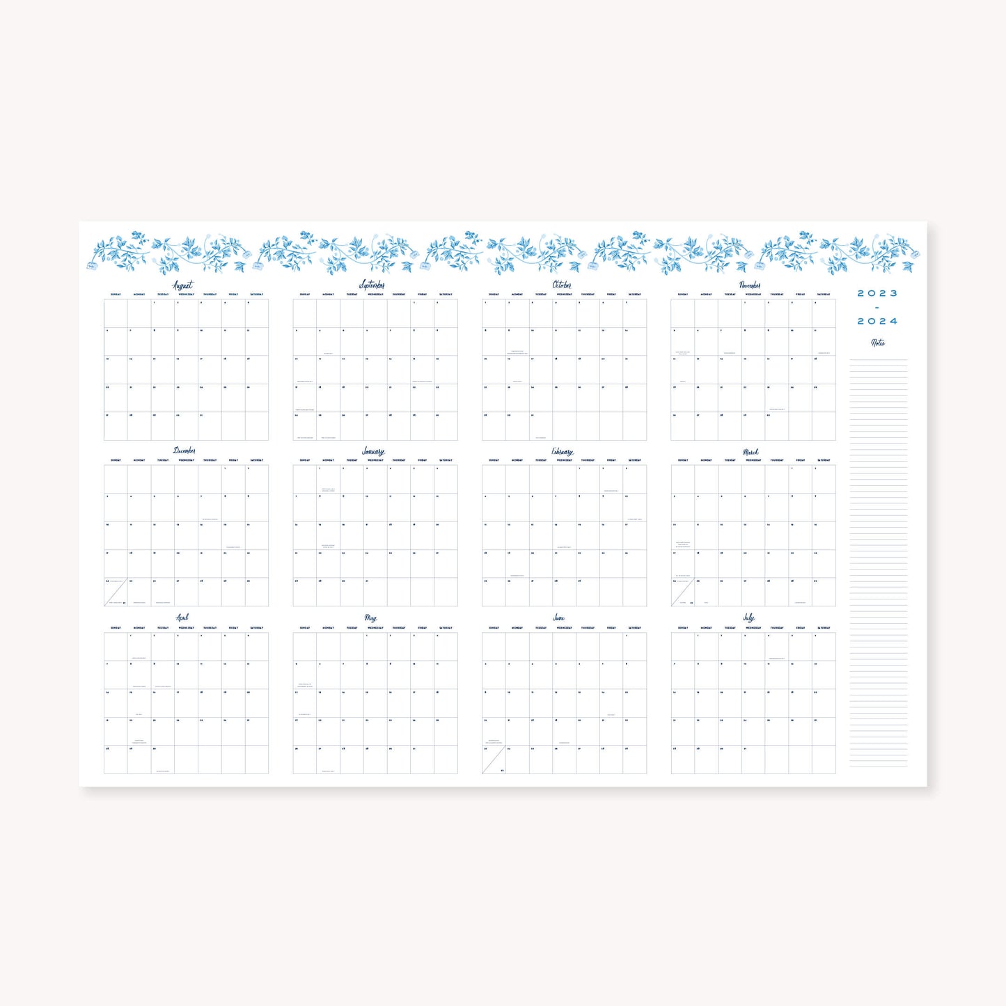 Floral Printable Horizontal Wall Calendar