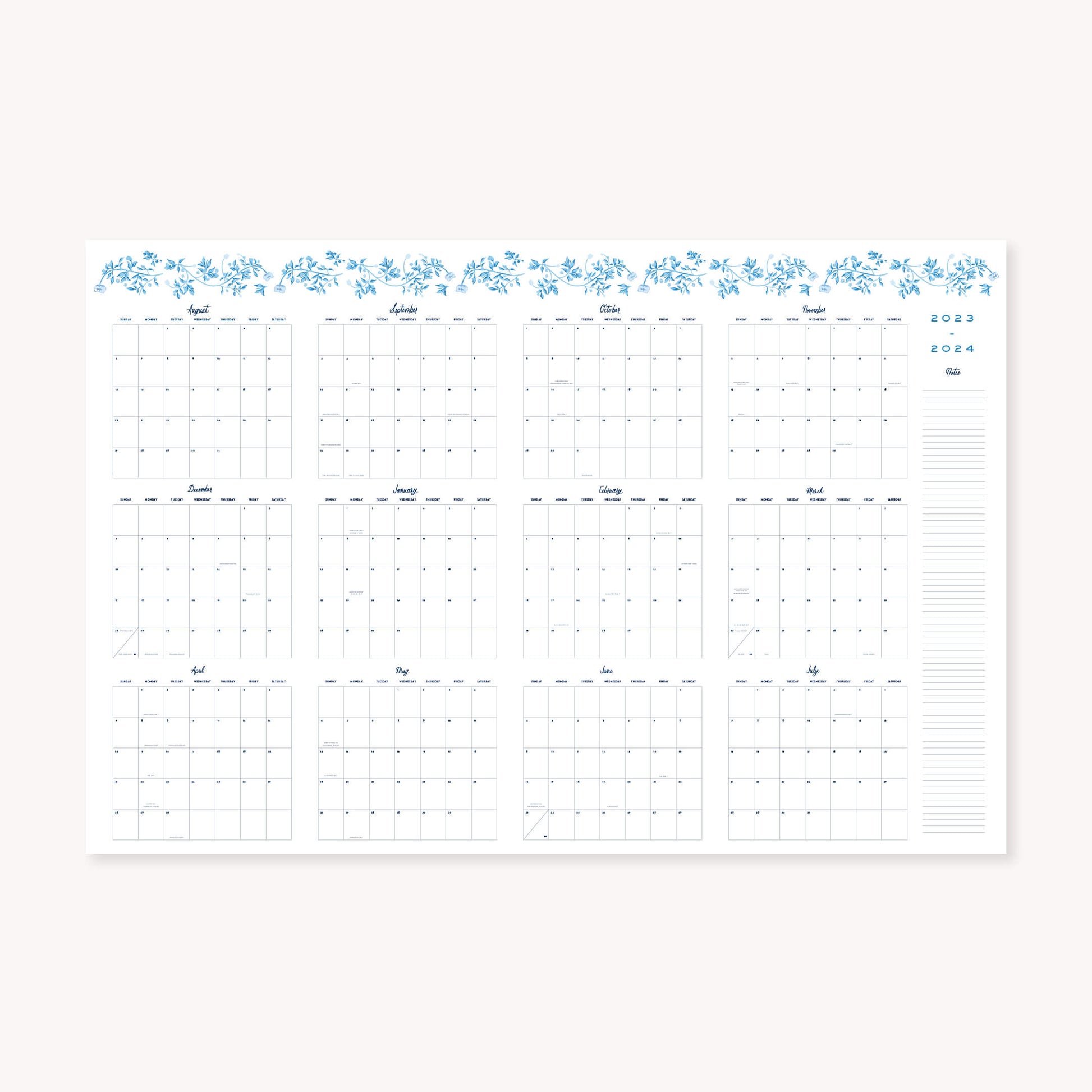 Floral Printable Horizontal Wall Calendar
