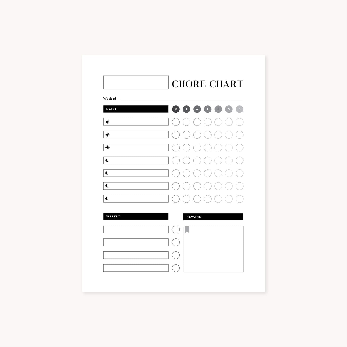 Black & White Chore Chart Monday Start