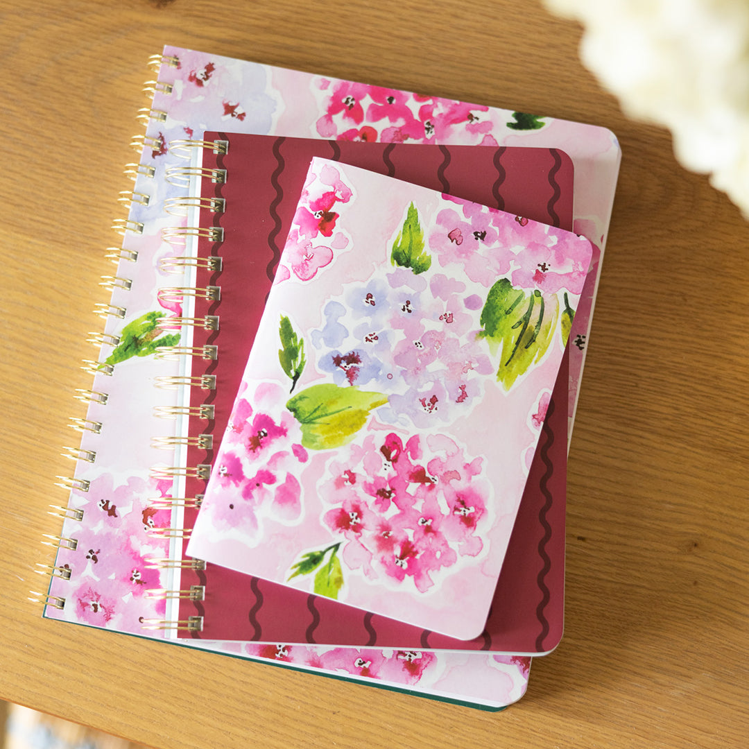 Blush Hydrangea wire-o notebook styled in a clean workspace with refined details for writing notes, lists, and daily ideas