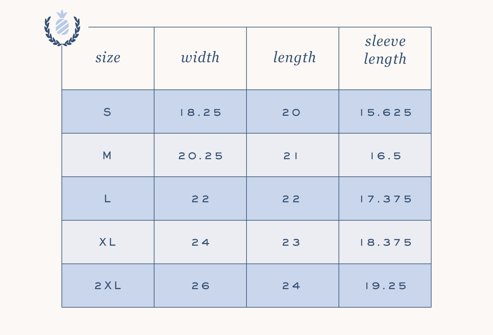A blue and white size chart for the Simplified Boxy T-Shirt - Embroidered Bow (100% cotton, S-2XL) lists width, length, and sleeve length in inches for each size, ensuring a comfortable fit for everyone.