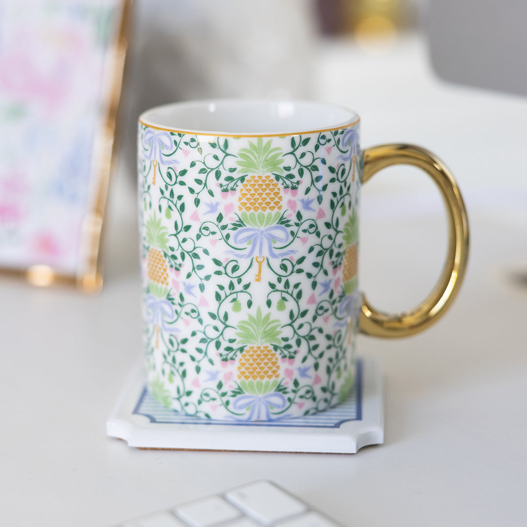 Pineapple Charm mug on top of coaster 