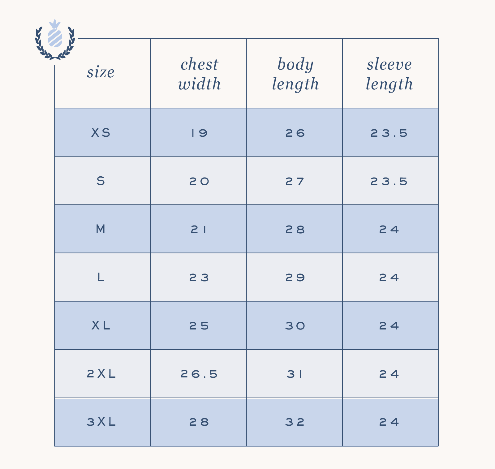 A size chart for the Embroidered Crewneck - North Pole Paper Co by Simplified® by Emily Ley in hunter green shows chest width, body length, and sleeve length (in inches) for sizes XS to 3XL.