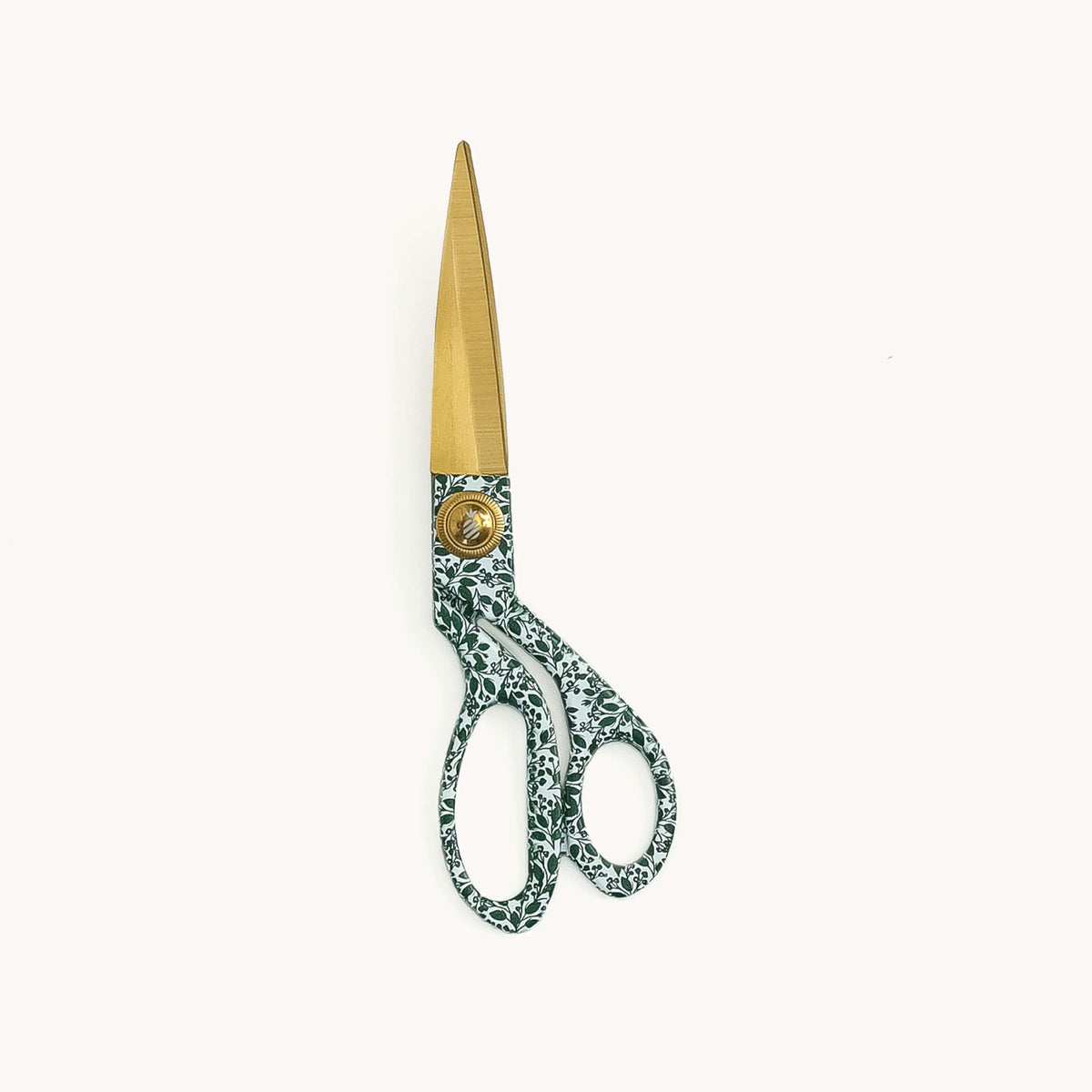 Emerald Floral Scissors with 8-inch gold blades and a green and white hand-drawn floral handle on an ivory background