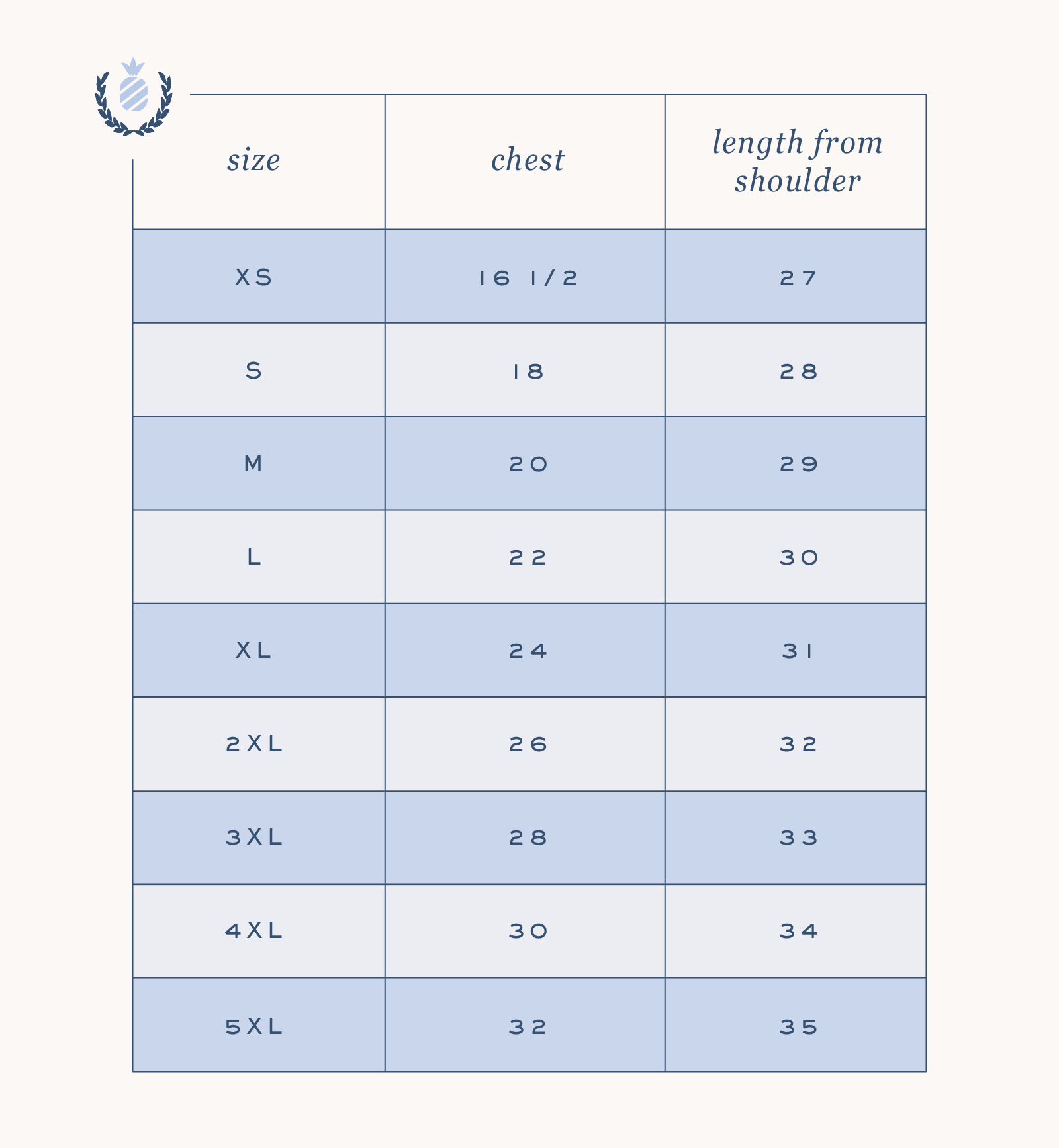 A size chart for the Simplified Embroidered T-Shirt - Camp Gingham displays XS–5XL chest and shoulder length measurements in blue and white rows—ideal for choosing your summer camp tee embroidered design.