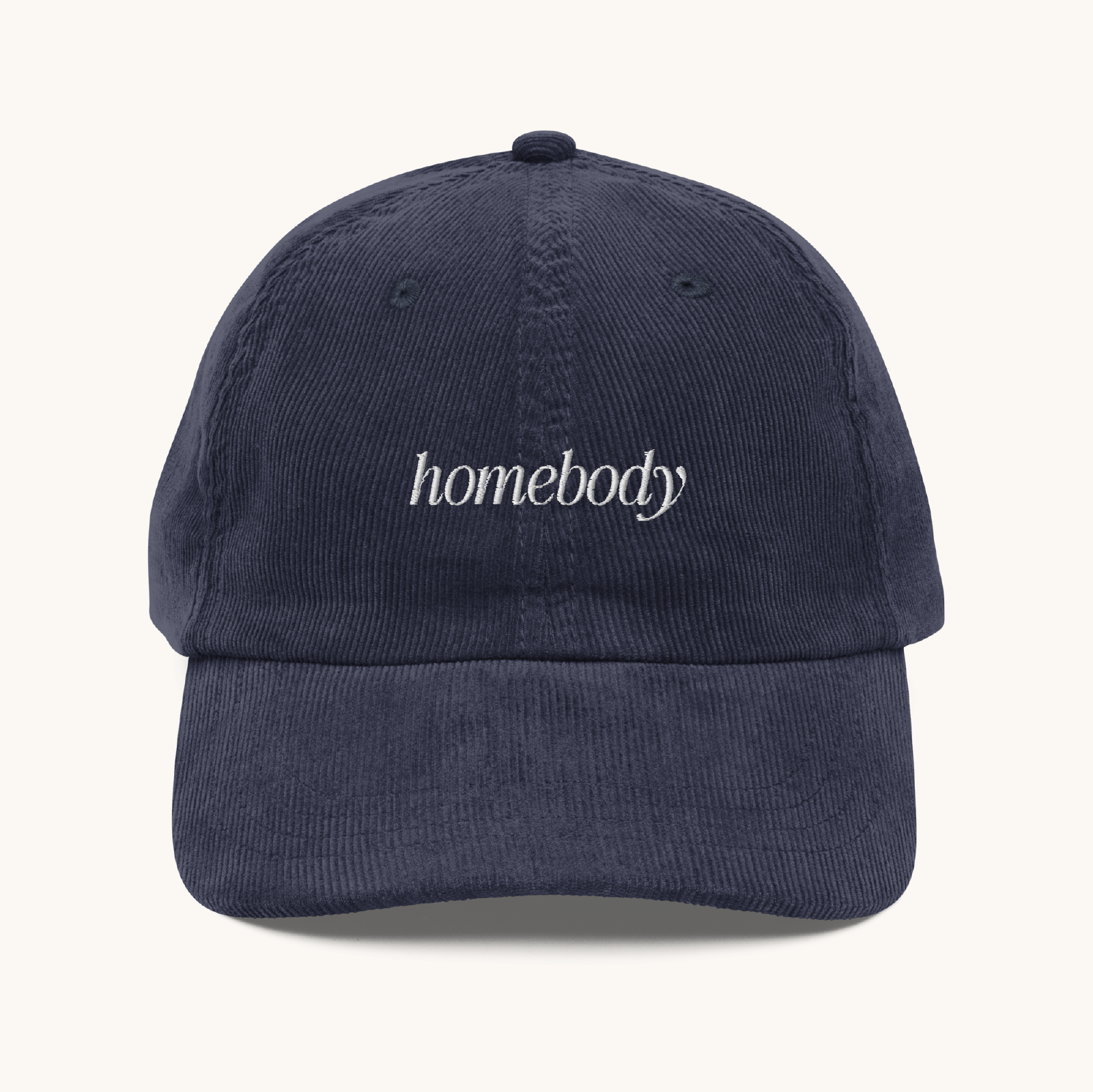 Navy corduroy Homebody baseball hat with embroidered lettering by Simplified by Emily Ley