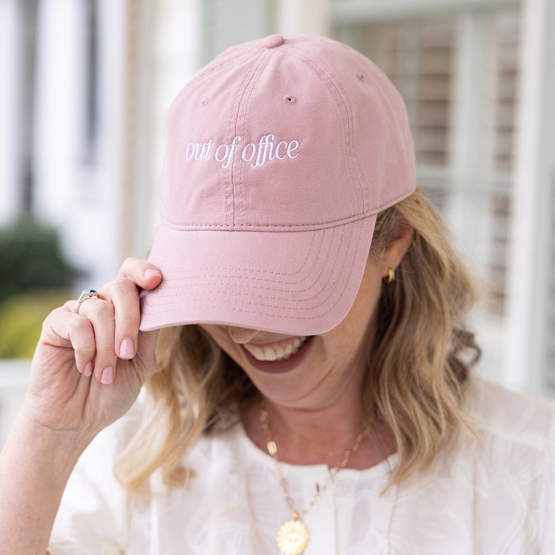 Woman wearing pink cotton Out Of Office baseball cap by Simplified by Emily Ley